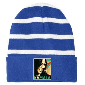 Kamala Harris Retro Portrait Striped Beanie with Solid Band