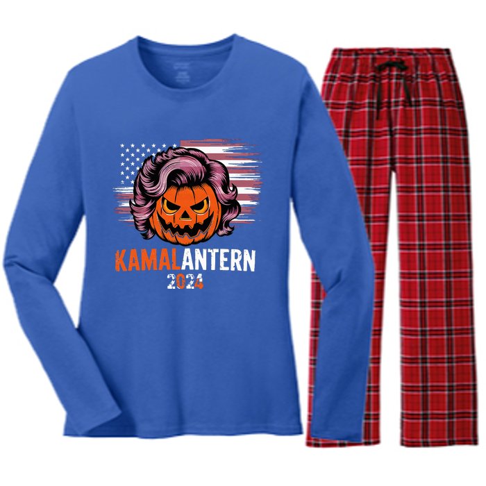 Kamala Harris Retro Halloween Jack O Lantern Flag 2024 Women's Long Sleeve Flannel Pajama Set 