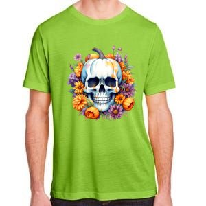 Kawaii Halloween Skull With Pumpkin And Flowers Adult ChromaSoft Performance T-Shirt