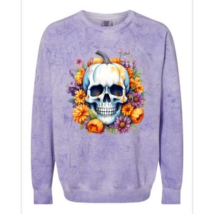 Kawaii Halloween Skull With Pumpkin And Flowers Colorblast Crewneck Sweatshirt