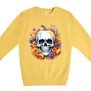 Kawaii Halloween Skull With Pumpkin And Flowers Premium Crewneck Sweatshirt