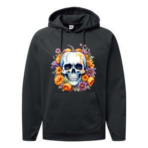 Kawaii Halloween Skull With Pumpkin And Flowers Performance Fleece Hoodie