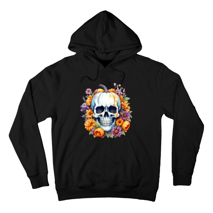 Kawaii Halloween Skull With Pumpkin And Flowers Hoodie