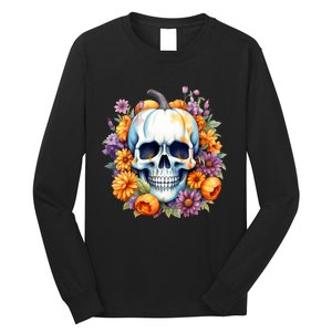 Kawaii Halloween Skull With Pumpkin And Flowers Long Sleeve Shirt