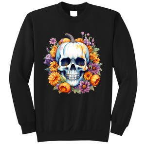 Kawaii Halloween Skull With Pumpkin And Flowers Sweatshirt