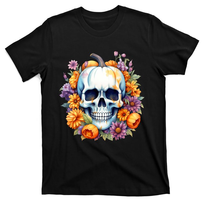 Kawaii Halloween Skull With Pumpkin And Flowers T-Shirt