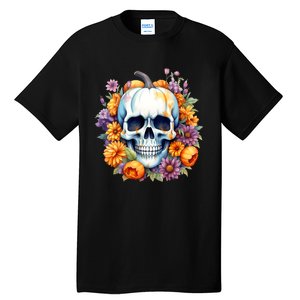 Kawaii Halloween Skull With Pumpkin And Flowers Tall T-Shirt