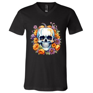 Kawaii Halloween Skull With Pumpkin And Flowers V-Neck T-Shirt