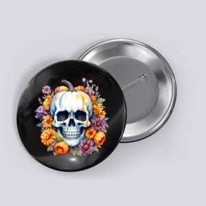 Kawaii Halloween Skull With Pumpkin And Flowers Button