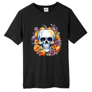 Kawaii Halloween Skull With Pumpkin And Flowers Tall Fusion ChromaSoft Performance T-Shirt