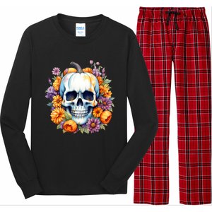 Kawaii Halloween Skull With Pumpkin And Flowers Long Sleeve Pajama Set