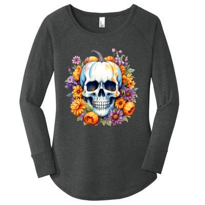 Kawaii Halloween Skull With Pumpkin And Flowers Women's Perfect Tri Tunic Long Sleeve Shirt