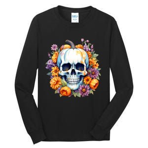 Kawaii Halloween Skull With Pumpkin And Flowers Tall Long Sleeve T-Shirt