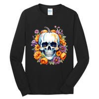 Kawaii Halloween Skull With Pumpkin And Flowers Tall Long Sleeve T-Shirt