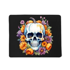 Kawaii Halloween Skull With Pumpkin And Flowers Mousepad