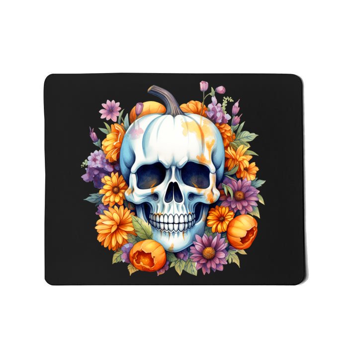 Kawaii Halloween Skull With Pumpkin And Flowers Mousepad