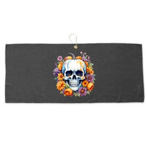 Kawaii Halloween Skull With Pumpkin And Flowers Large Microfiber Waffle Golf Towel