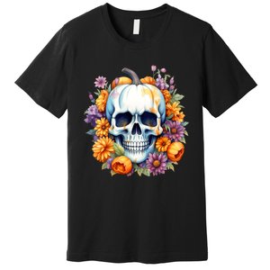 Kawaii Halloween Skull With Pumpkin And Flowers Premium T-Shirt