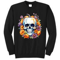 Kawaii Halloween Skull With Pumpkin And Flowers Tall Sweatshirt