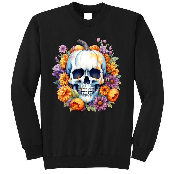 Kawaii Halloween Skull With Pumpkin And Flowers Tall Sweatshirt