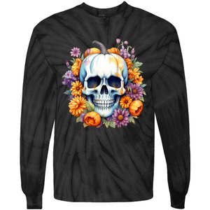 Kawaii Halloween Skull With Pumpkin And Flowers Tie-Dye Long Sleeve Shirt