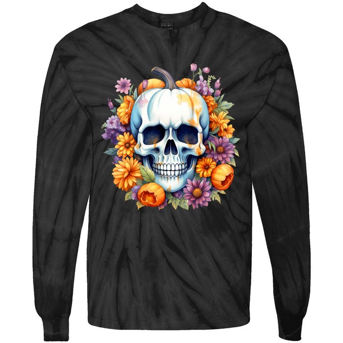 Kawaii Halloween Skull With Pumpkin And Flowers Tie-Dye Long Sleeve Shirt