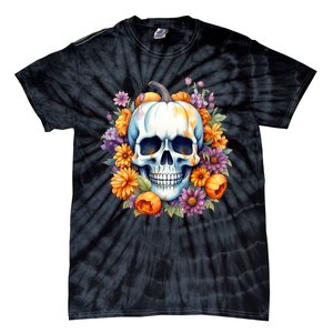 Kawaii Halloween Skull With Pumpkin And Flowers Tie-Dye T-Shirt