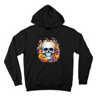 Kawaii Halloween Skull With Pumpkin And Flowers Tall Hoodie