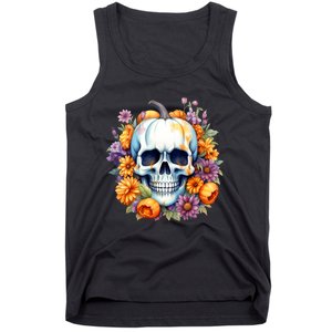 Kawaii Halloween Skull With Pumpkin And Flowers Tank Top