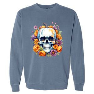 Kawaii Halloween Skull With Pumpkin And Flowers Garment-Dyed Sweatshirt