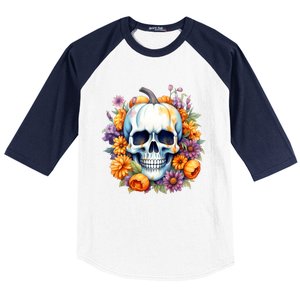 Kawaii Halloween Skull With Pumpkin And Flowers Baseball Sleeve Shirt