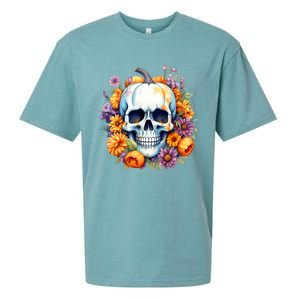 Kawaii Halloween Skull With Pumpkin And Flowers Sueded Cloud Jersey T-Shirt