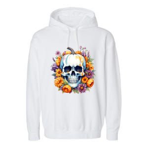 Kawaii Halloween Skull With Pumpkin And Flowers Garment-Dyed Fleece Hoodie