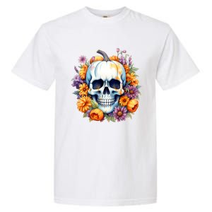 Kawaii Halloween Skull With Pumpkin And Flowers Garment-Dyed Heavyweight T-Shirt