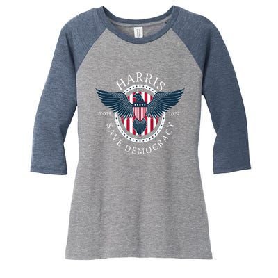 Kamala Harris Save Democracy Vote 2024 Women's Tri-Blend 3/4-Sleeve Raglan Shirt