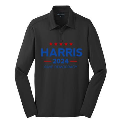 Kamala Harris Save Democracy 2024 For President Campaign Gift Silk Touch Performance Long Sleeve Polo