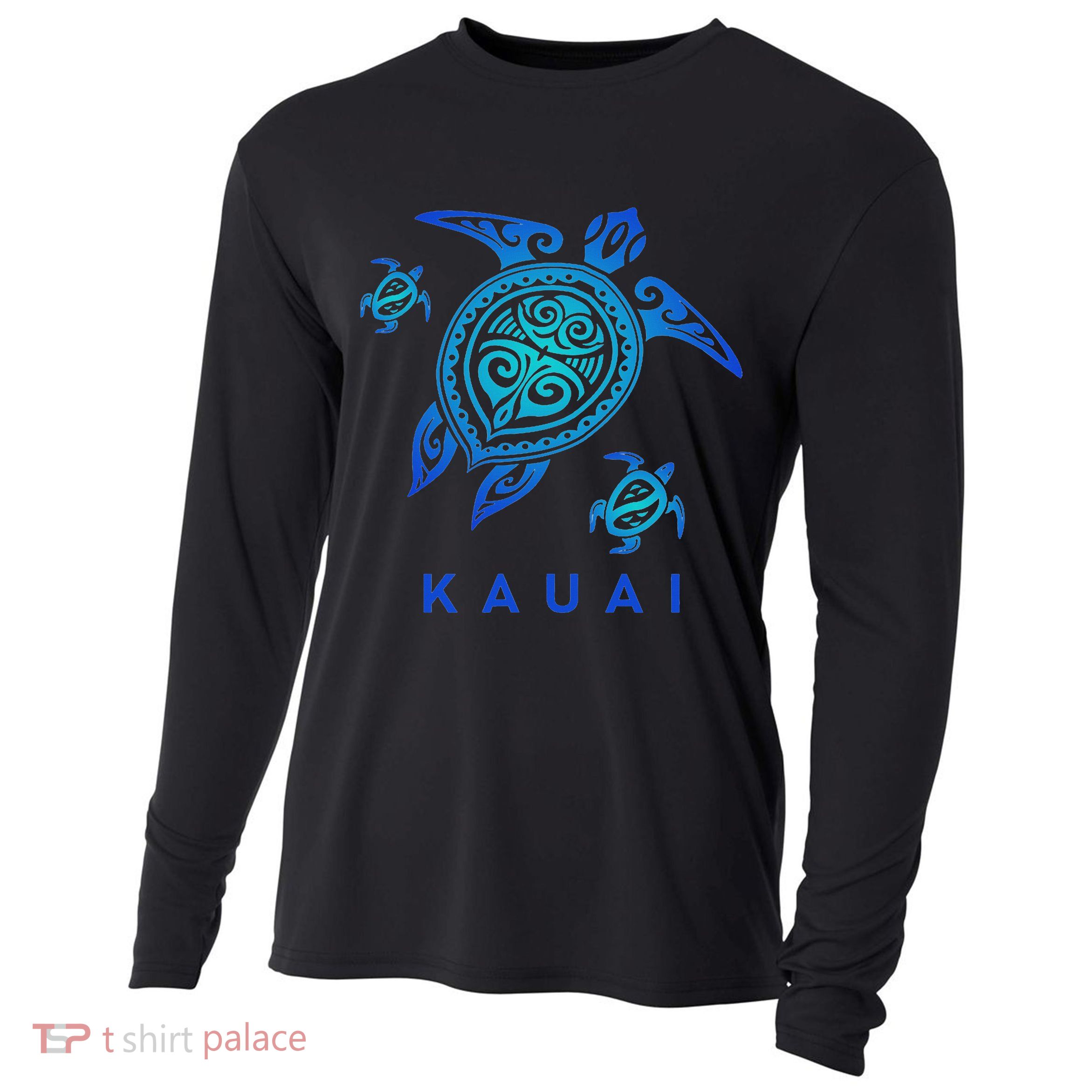 Kauai Hawaii Sea Blue Tribal Turtle Cooling Performance Long Sleeve Crew