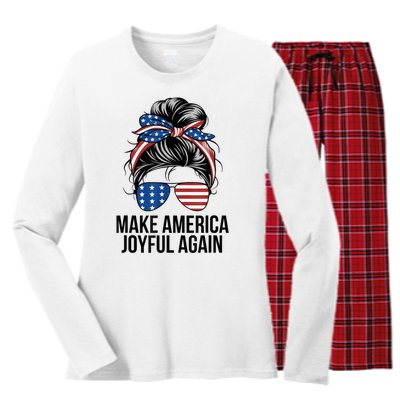 Kamala Harris Tim Walz Waltz 2024 Joyful Warriors Make America Joyful Again Women's Long Sleeve Flannel Pajama Set 