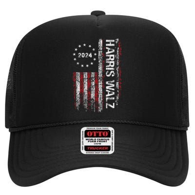 Kamala Harris Tim Waltz 2024 Election American Flag High Crown Mesh Back Trucker Hat