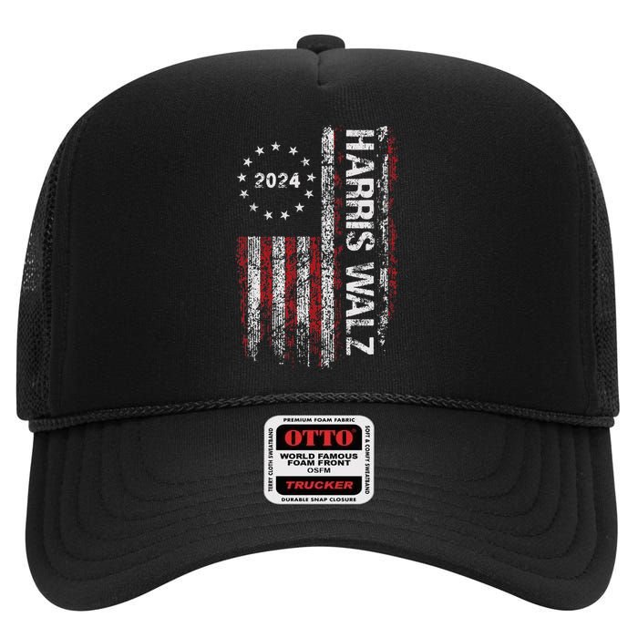 Kamala Harris Tim Waltz 2024 Election American Flag High Crown Mesh Back Trucker Hat