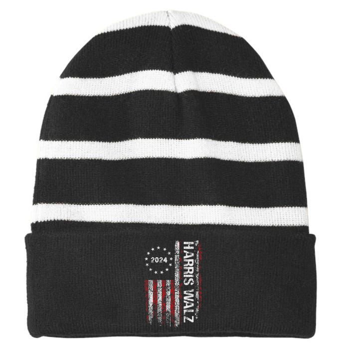 Kamala Harris Tim Waltz 2024 Election American Flag Striped Beanie with Solid Band