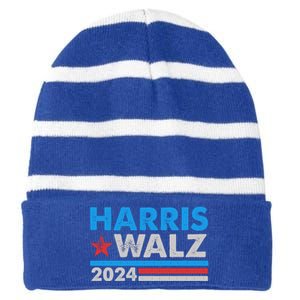 Kamala Harris Tim Walz 2024 Election Distressed Striped Beanie with Solid Band