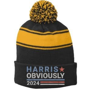 Kamala Harris Tim Walz Obviously Vote Harris Walz Waltz 2024 Stripe Pom Pom Beanie