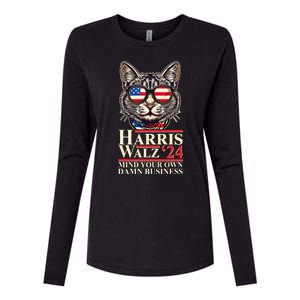 Kamala Harris Tim Walz 2024 Mind Your Own Damn Business Patriotic Cat Womens Cotton Relaxed Long Sleeve T-Shirt