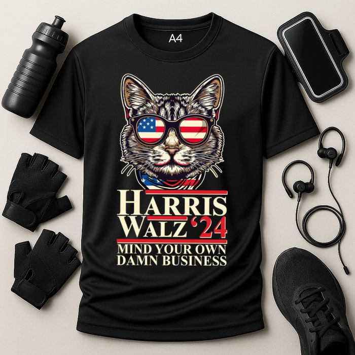 Kamala Harris Tim Walz 2024 Mind Your Own Damn Business Patriotic Cat Cooling Performance Crew T-Shirt