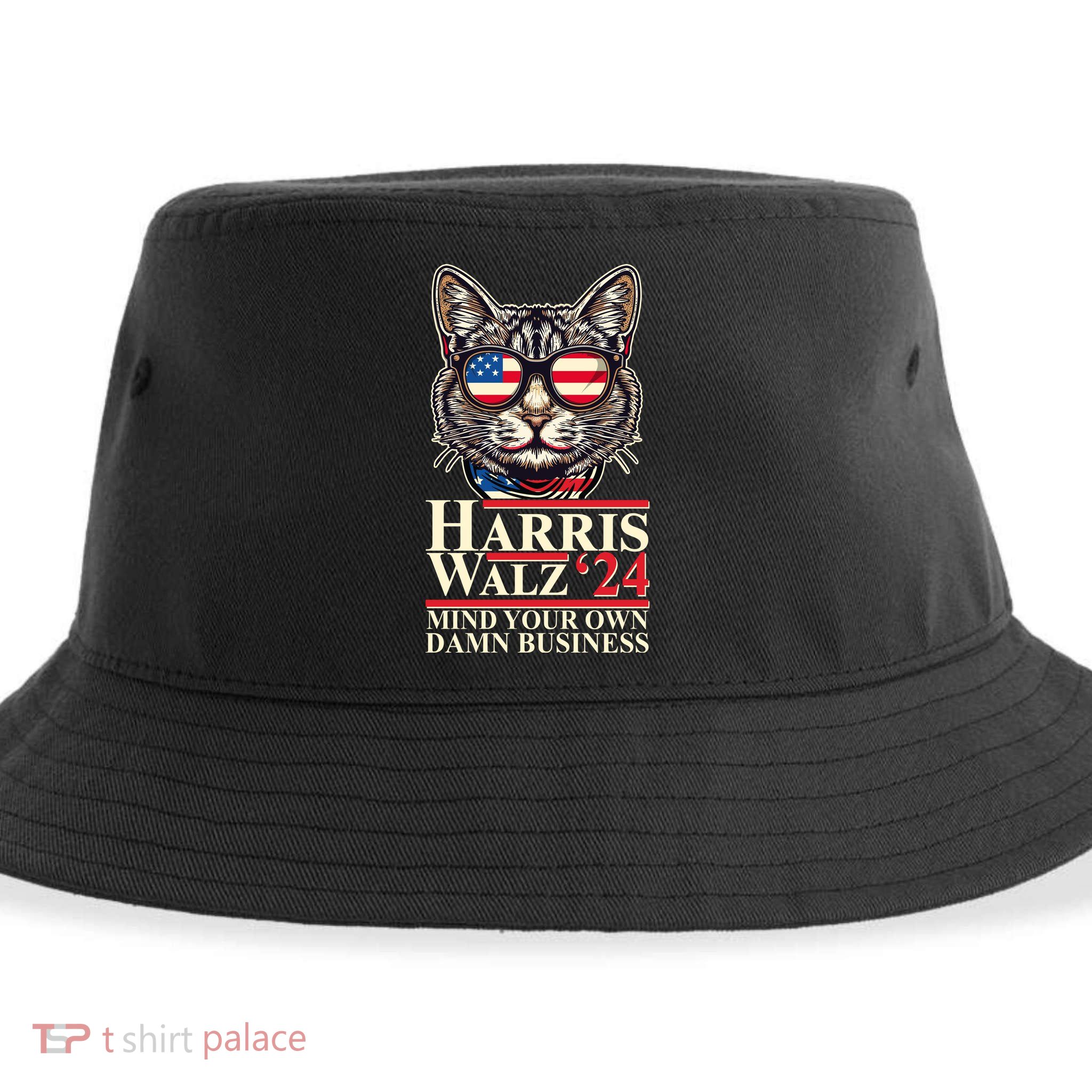 Kamala Harris Tim Walz 2024 Mind Your Own Damn Business Patriotic Cat Sustainable Bucket Hat