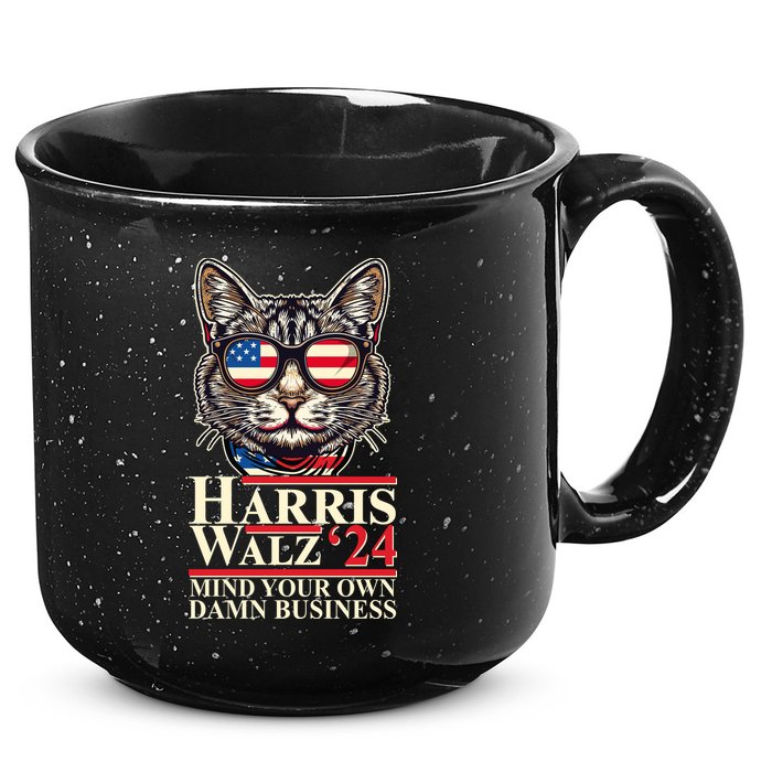 Kamala Harris Tim Walz 2024 Mind Your Own Damn Business Patriotic Cat 15oz Campfire Ceramic Mug
