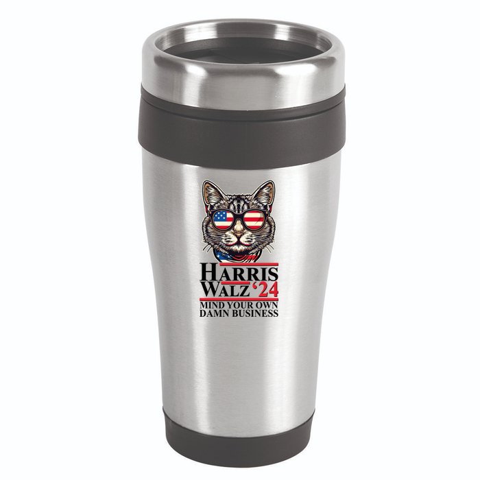 Kamala Harris Tim Walz 2024 Mind Your Own Damn Business Patriotic Cat 16oz Travel Tumbler