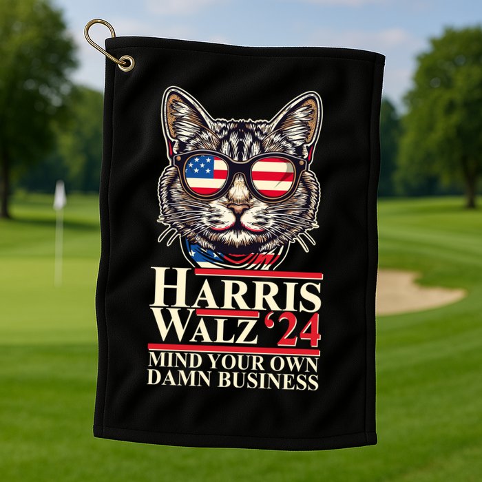 Kamala Harris Tim Walz 2024 Mind Your Own Damn Business Patriotic Cat Golf Towel