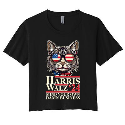 Kamala Harris Tim Walz 2024 Mind Your Own Damn Business Patriotic Cat Crop Top